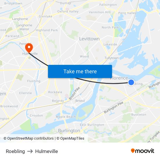 Roebling to Hulmeville map