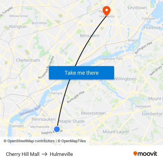 Cherry Hill Mall to Hulmeville map