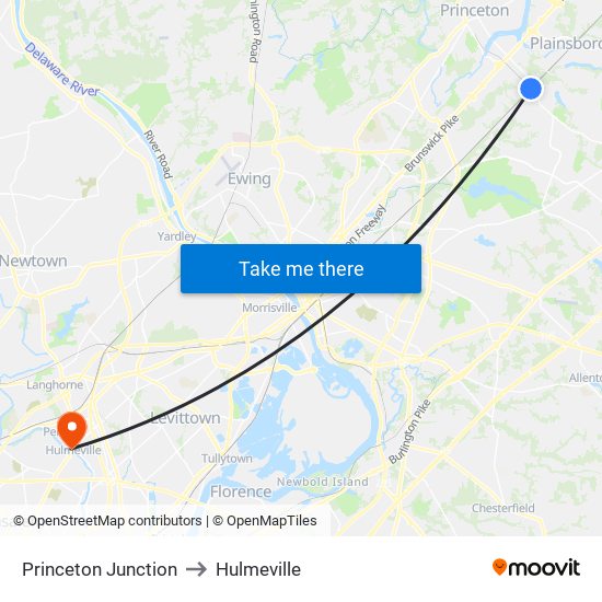 Princeton Junction to Hulmeville map