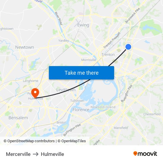 Mercerville to Hulmeville map