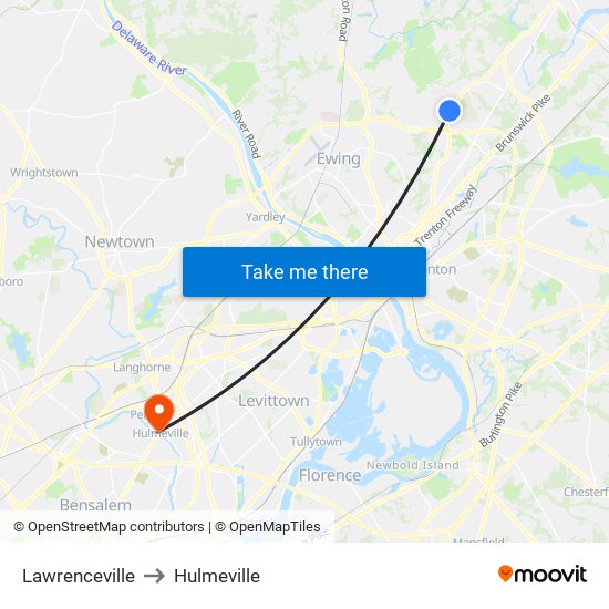 Lawrenceville to Hulmeville map