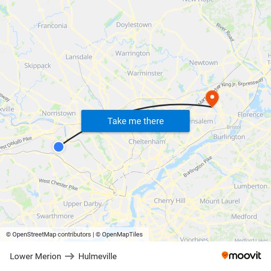 Lower Merion to Hulmeville map