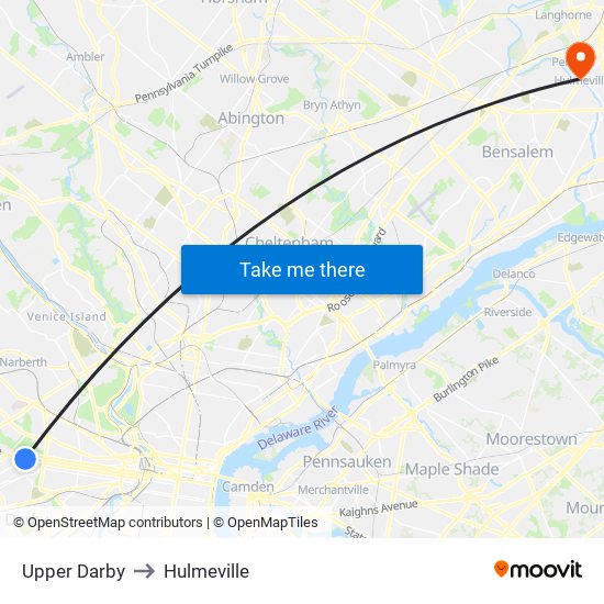 Upper Darby to Hulmeville map