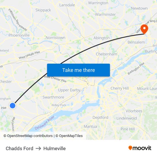 Chadds Ford to Hulmeville map