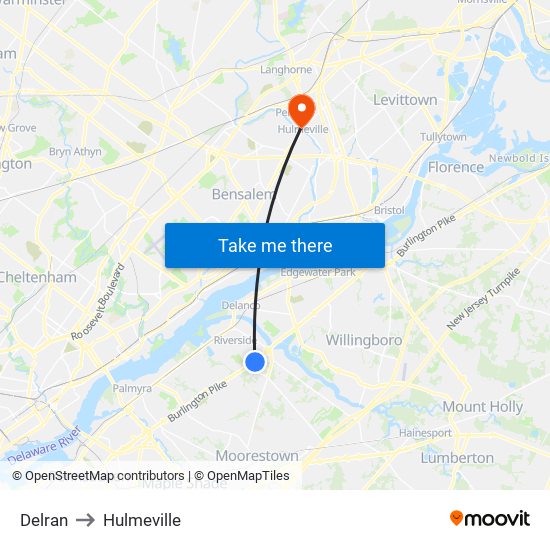 Delran to Hulmeville map