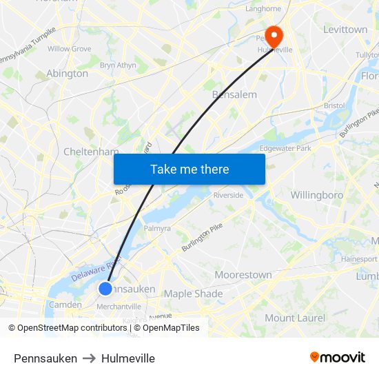 Pennsauken to Hulmeville map