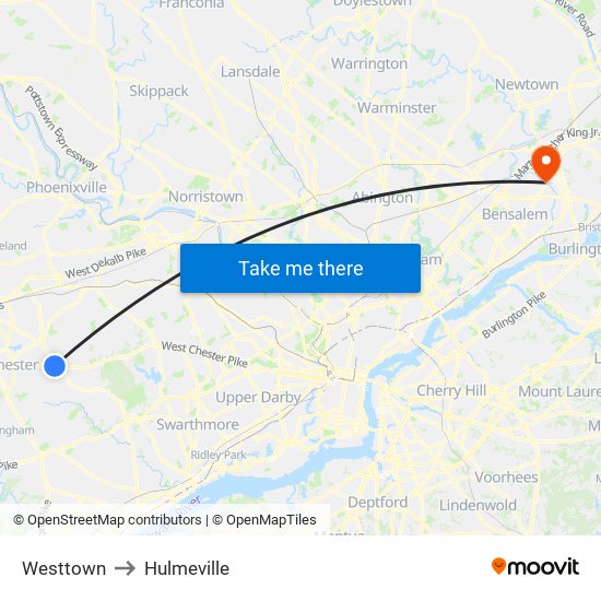 Westtown to Hulmeville map