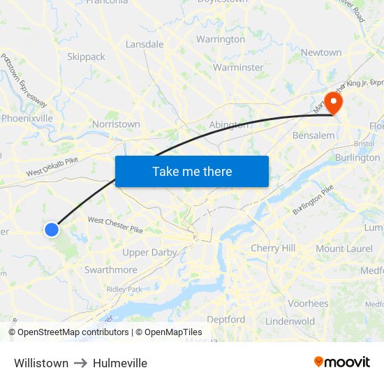 Willistown to Hulmeville map