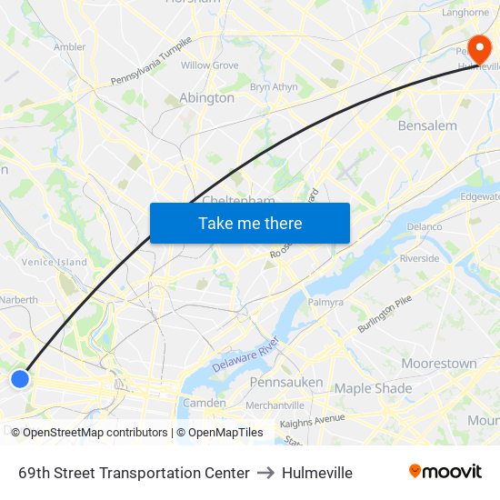 69th Street Transportation Center to Hulmeville map