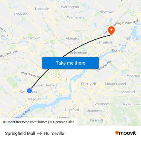 Springfield Mall to Hulmeville map