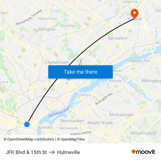 JFK Blvd & 15th St to Hulmeville map