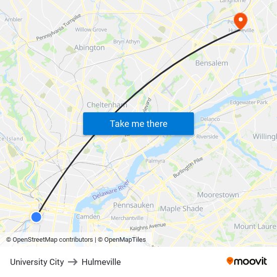 University City to Hulmeville map