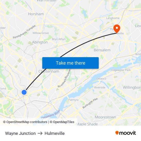 Wayne Junction to Hulmeville map