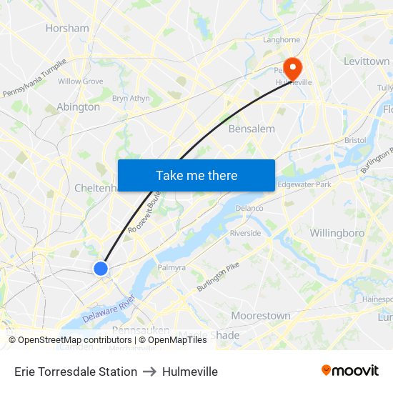 Erie Torresdale Station to Hulmeville map