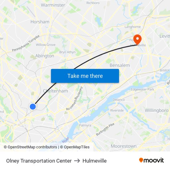 Olney Transportation Center to Hulmeville map