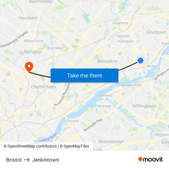 Bristol to Jenkintown map