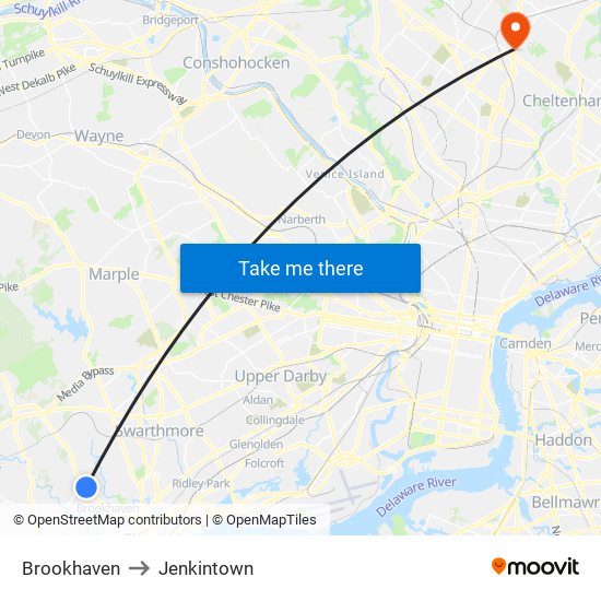 Brookhaven to Jenkintown map