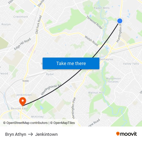 Bryn Athyn to Jenkintown map