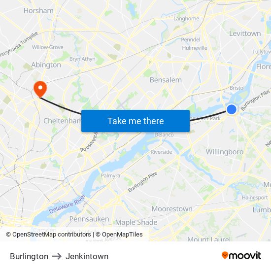 Burlington to Jenkintown map