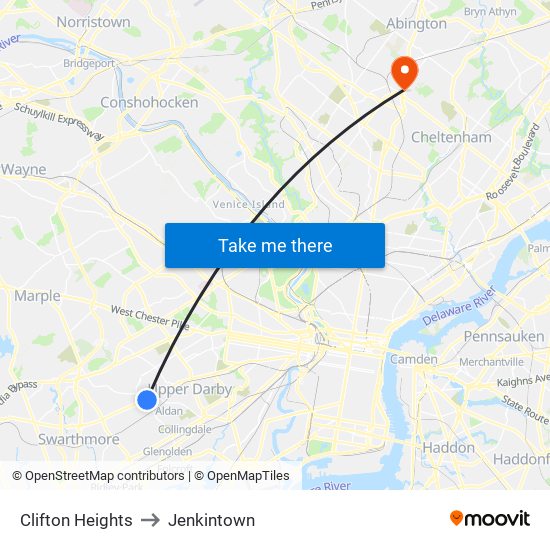 Clifton Heights to Jenkintown map