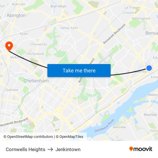 Cornwells Heights to Jenkintown map