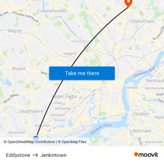 Eddystone to Jenkintown map