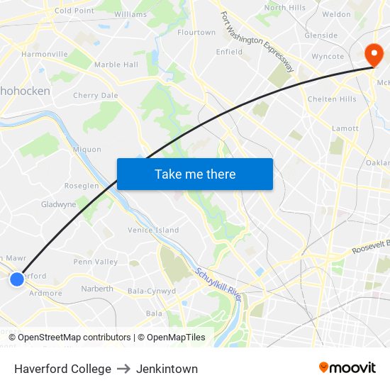 Haverford College to Jenkintown map