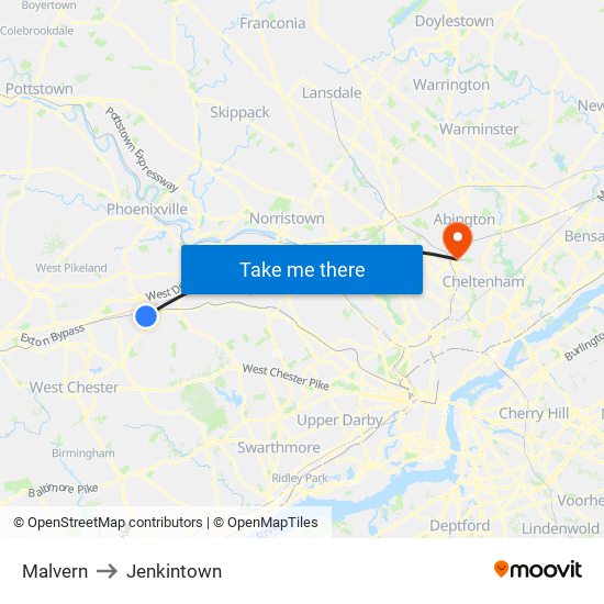 Malvern to Jenkintown map
