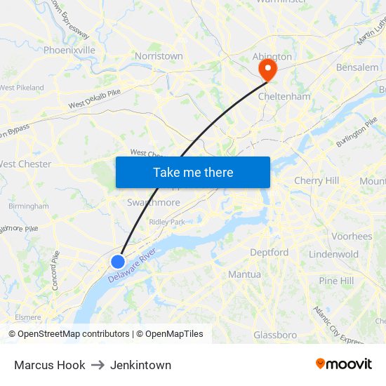 Marcus Hook to Jenkintown map