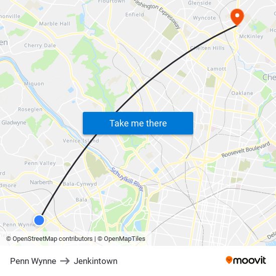 Penn Wynne to Jenkintown map