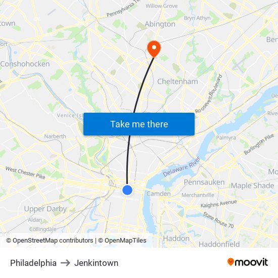 Philadelphia to Jenkintown map