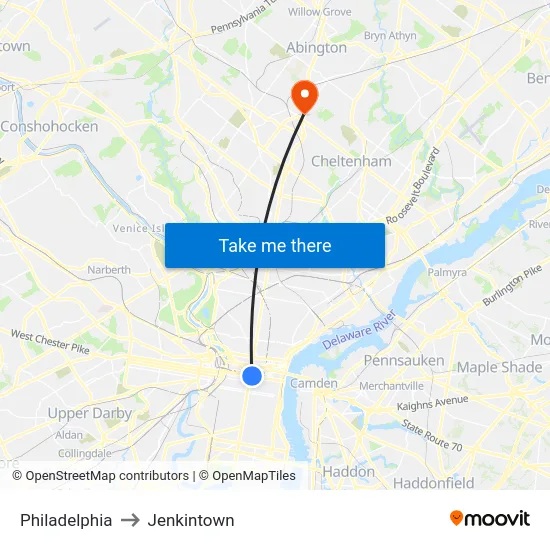 Philadelphia to Jenkintown map