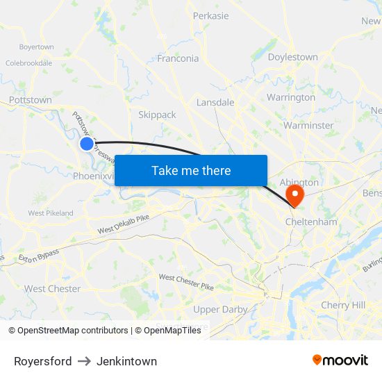 Royersford to Jenkintown map