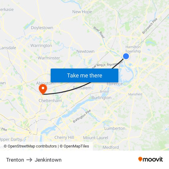 Trenton to Jenkintown map
