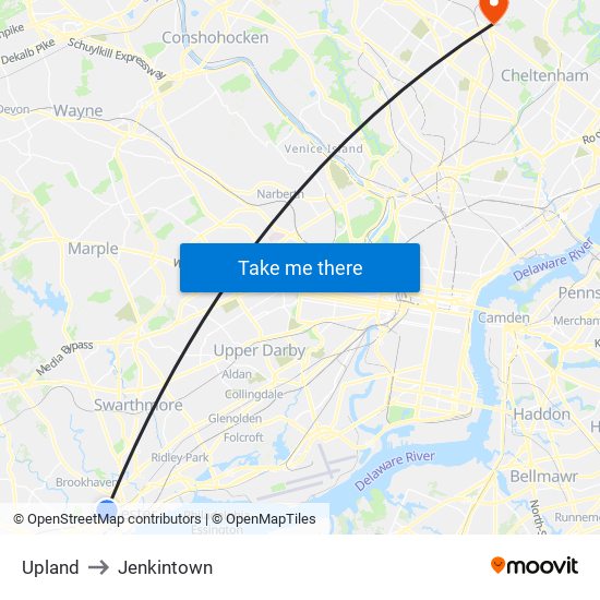 Upland to Jenkintown map