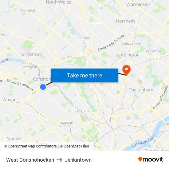 West Conshohocken to Jenkintown map