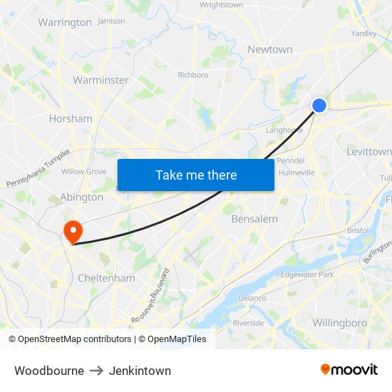 Woodbourne to Jenkintown map
