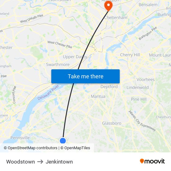 Woodstown to Jenkintown map