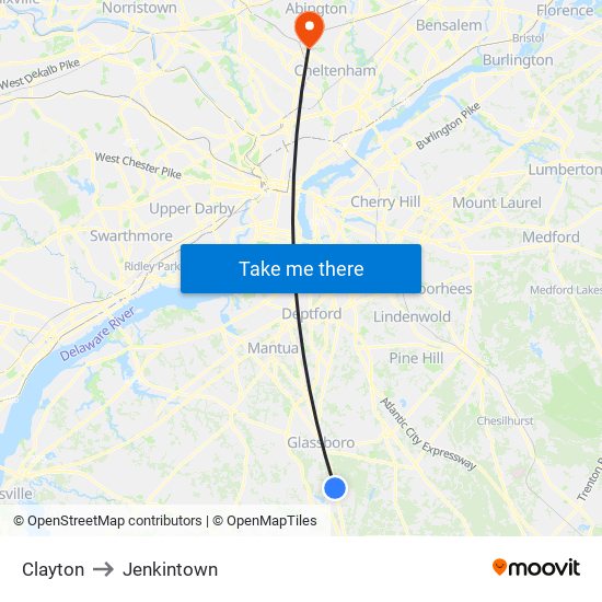 Clayton to Jenkintown map