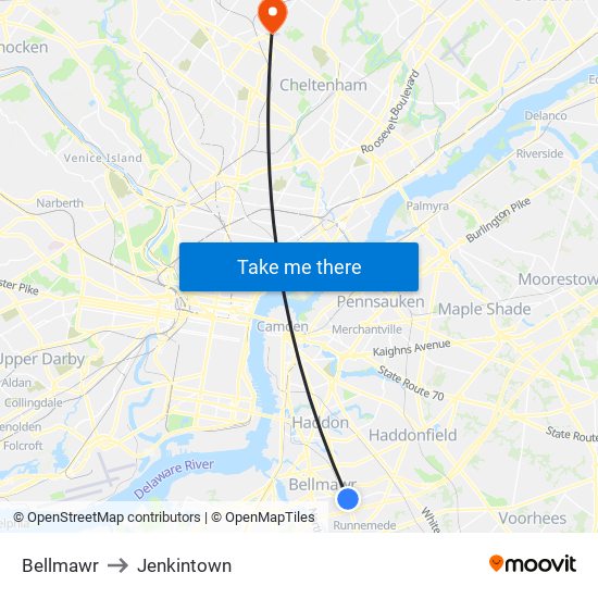 Bellmawr to Jenkintown map