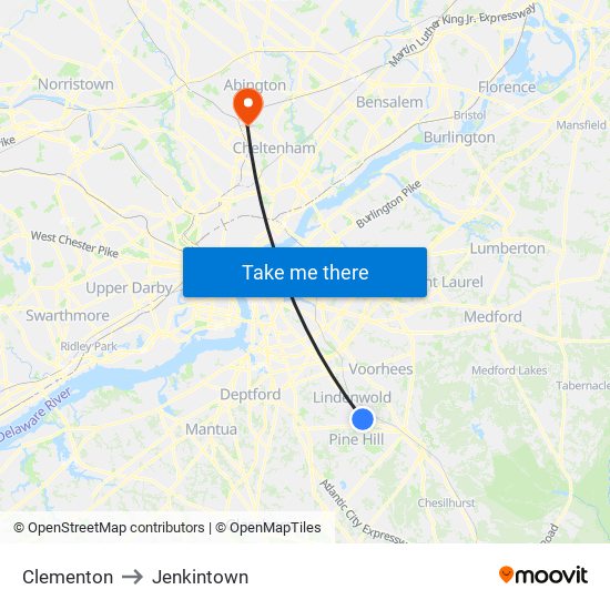 Clementon to Jenkintown map