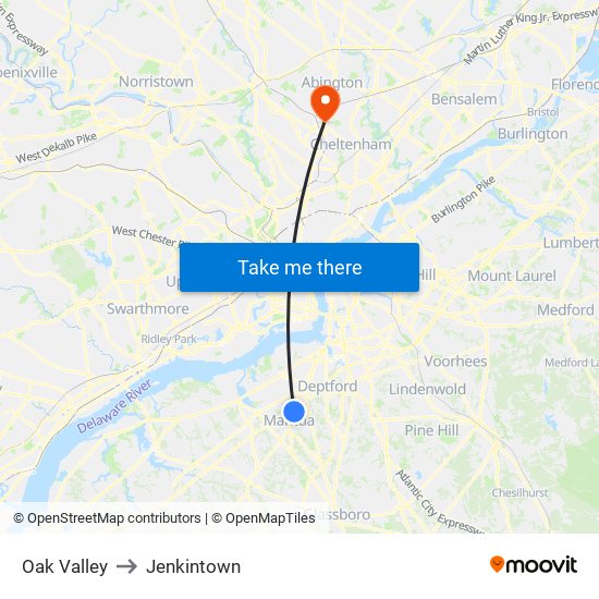 Oak Valley to Jenkintown map