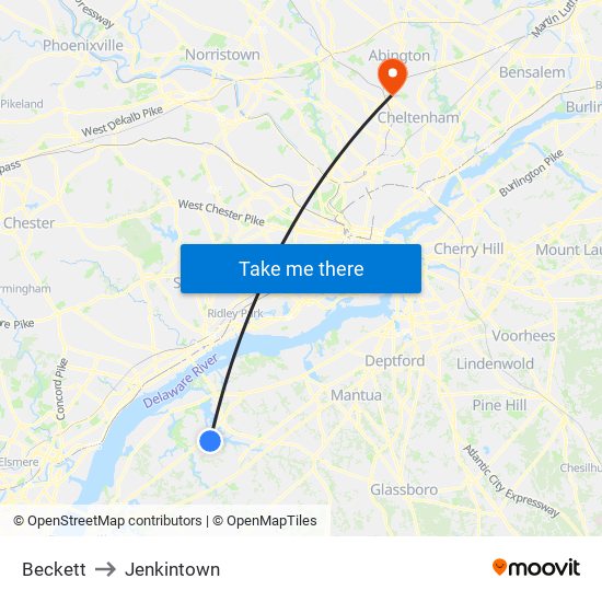 Beckett to Jenkintown map