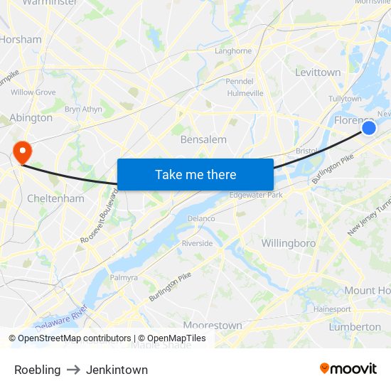 Roebling to Jenkintown map