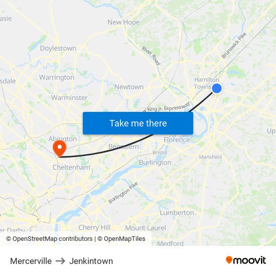 Mercerville to Jenkintown map