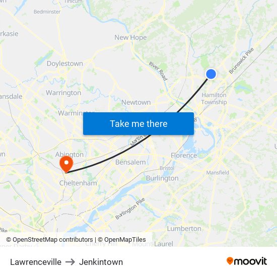 Lawrenceville to Jenkintown map