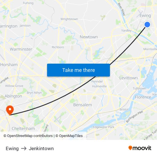 Ewing to Jenkintown map
