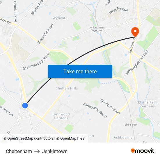 Cheltenham to Jenkintown map