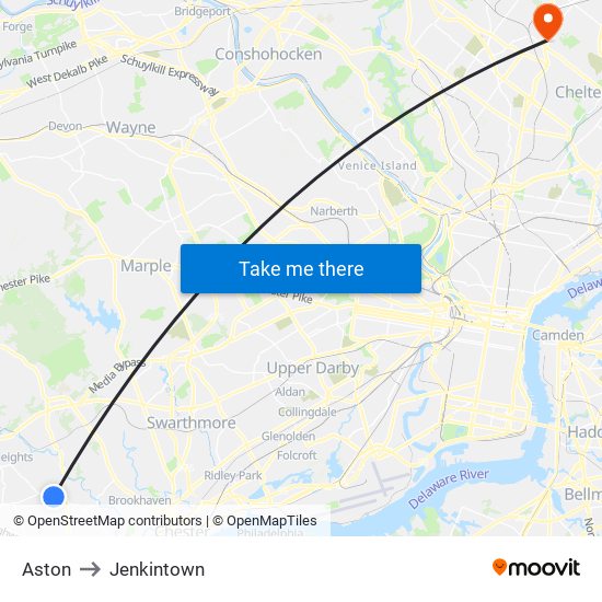 Aston to Jenkintown map