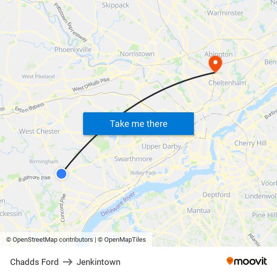 Chadds Ford to Jenkintown map
